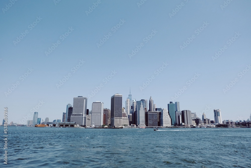 Manhattan Island, City Brooklyn Bridge in New York, View of the Brooklyn Bridge with lower Manhattan in the distance. USA