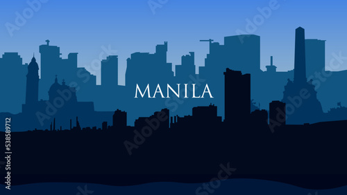 The flat silhouette of city Manila in blue shadows