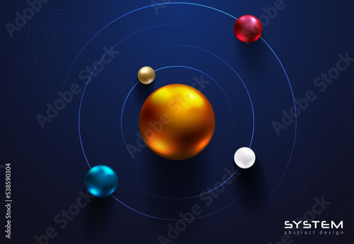 Shiny metallic spheres orbit around center ball on dark blue background. Science or education futuristic abstract design. Solar system circle tech style vector illustration