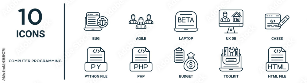 computer programming outline icon set includes thin line bug, laptop ...