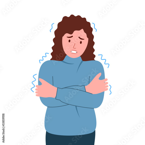 Woman shivering from cold weather in flat design on white background Fototapet