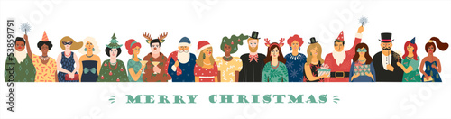 Christmas and Happy New Year isolated illustration with people in carnival costumes. Vector design.