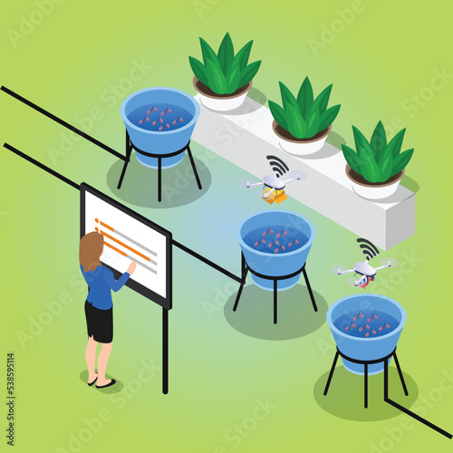 Woman Programs Fish Farm Equipment - smart fish farming isometric 3d vector illustration concept for banner, website, illustration, landing page, flyer, etc.