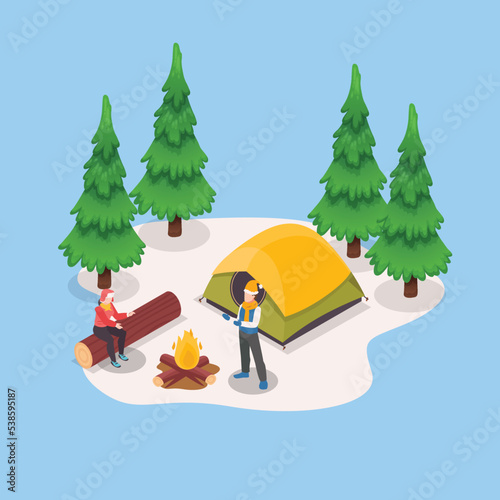 Happy couple at camp bonfire near tent on snowy nature landscape isometric 3d vector illustration concept for banner, website, illustration, landing page, flyer, etc.