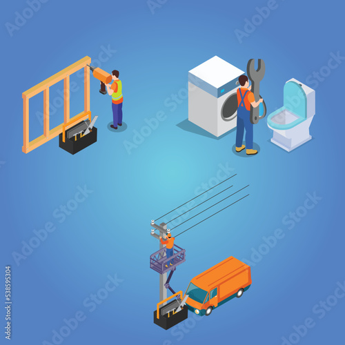 Electric technician, home renovation and plumbing service isometric 3d vector illustration concept for banner, website, illustration, landing page, flyer, etc.