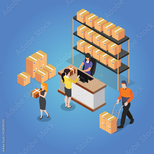 Postal service with pick-up point and courier counter isometric 3d vector illustration concept for banner, website, illustration, landing page, flyer, etc.