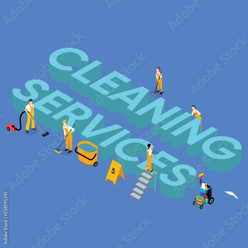 Cleaning company staff with Cleaning Services header isometric 3d vector illustration concept for banner, website, illustration, landing page, flyer, etc.