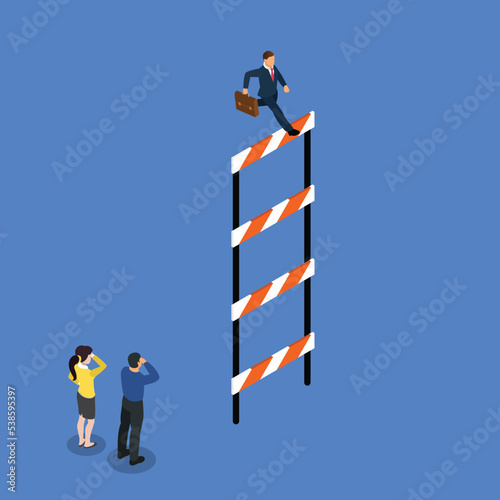 Businessman jumping over obstacles like hurdle race isometric 3d vector illustration concept for banner, website, illustration, landing page, flyer, etc.