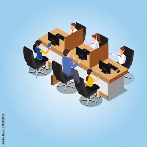 People clients in bank office - Bank teller servicing customers isometric 3d vector illustration concept for banner, website, illustration, landing page, flyer, etc.