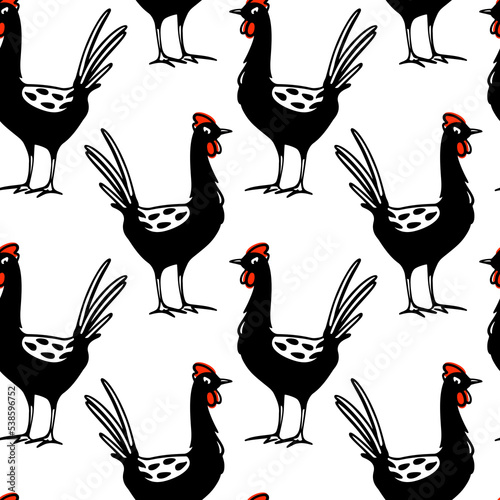 Vector seamless pattern with hand drawn cute funny chicken. Beautiful ink drawing, heavy contour, graphic style. Perfect for food or farming prints and patterns.