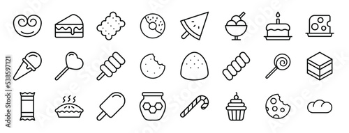 Photographie set of 24 outline web sweets icons such as puff pastry, piece of cake, biscuit,