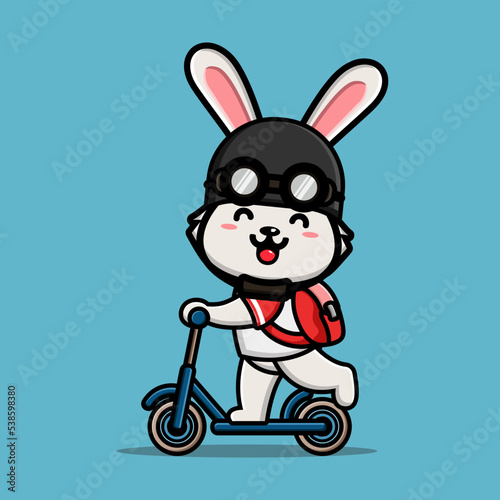 Cute rabbit ridding kick scooter and wear helmet