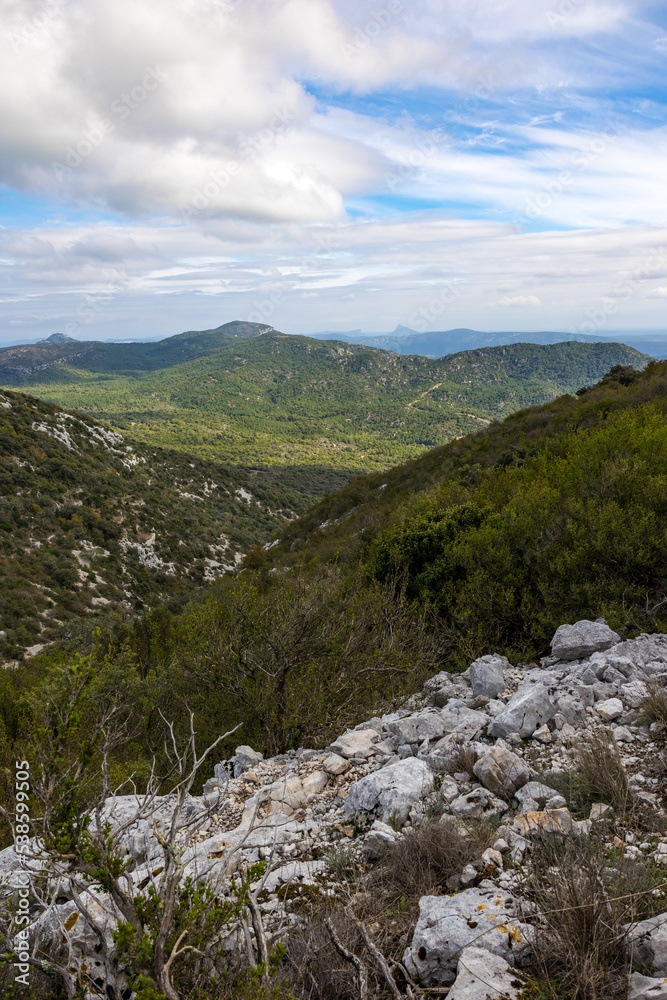 Silhouette du Pic Saint-Loup et de l'Hortus depuis les flancs du Mont Saint-Baudille