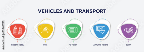 infographic element template with vehicles and transport outline icons such as modern hotel, null, fly ticket, airplane tickets, blimp vector.