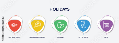 infographic element template with holidays outline icons such as airplane travel around the world, baggage verification, airplane, ripped jeans, rent vector.