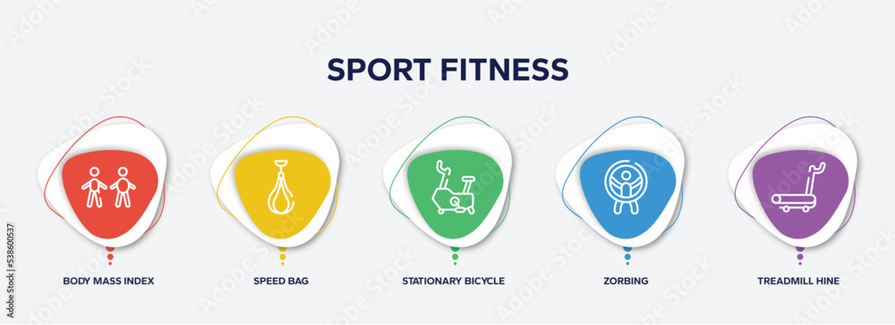 Fototapeta premium infographic element template with sport fitness outline icons such as body mass index, speed bag, stationary bicycle, zorbing, treadmill hine vector.