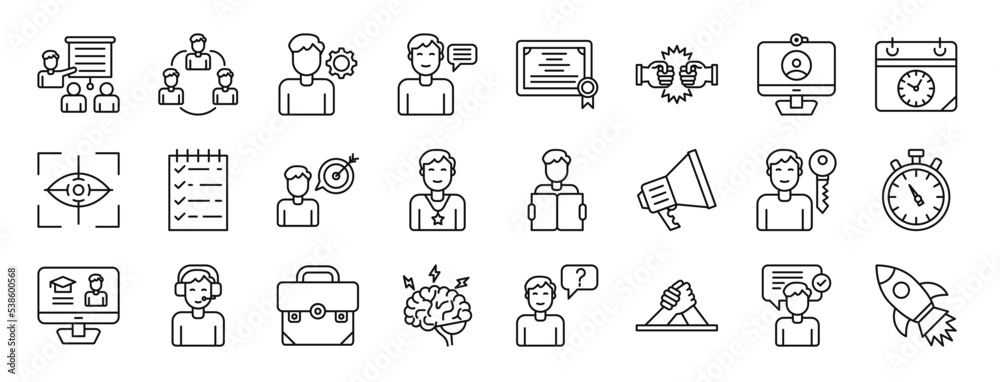 set of 24 outline web mentoring and training icons such as coaching ...
