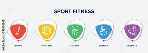infographic element template with sport fitness outline icons such as flyboard, fitness ball, slim body, bullfight, muscular vector.