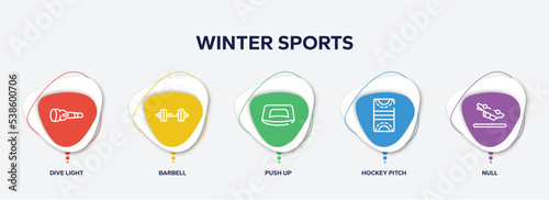 infographic element template with winter sports outline icons such as dive light, barbell, push up, hockey pitch, null vector.
