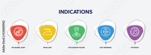infographic element template with indications outline icons such as no bomb jump, iron low, policeman figure, sos warning, upstairs vector.