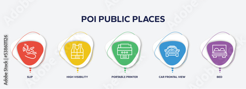 infographic element template with poi public places outline icons such as slip, high visibility vest, portable printer, car frontal view, bed vector.