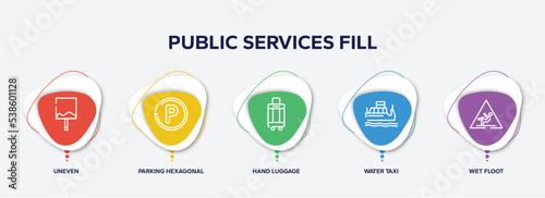 infographic element template with public services fill outline icons such as uneven, parking hexagonal, hand luggage, water taxi, wet floot vector.