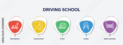 infographic element template with driving school outline icons such as bike parking, handicapped, jitney, tunnel, zebra crossing vector.