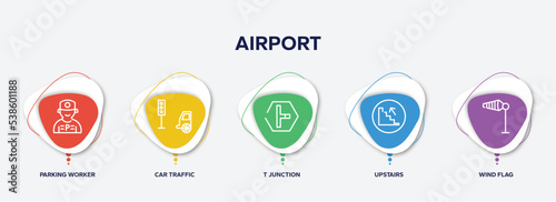 infographic element template with airport outline icons such as parking worker, car traffic, t junction, upstairs, wind flag vector.