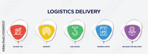 infographic element template with logistics delivery outline icons such as do not tilt, airdrop, use hooks, dispatch note, package for delivery vector.