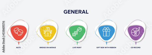 infographic element template with general outline icons such as nuts, bridge on avenue perspective, live paint, gift box with ribbon, cd record vector.