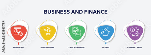 infographic element template with business and finance outline icons such as monetizing, money flower, duplicate content, pig bank, currency rates vector.