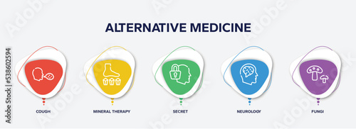 infographic element template with alternative medicine outline icons such as cough, mineral therapy, secret, neurology, fungi vector.