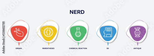 infographic element template with nerd outline icons such as organ, parentheses, chemical reaction, sd, antique vector.