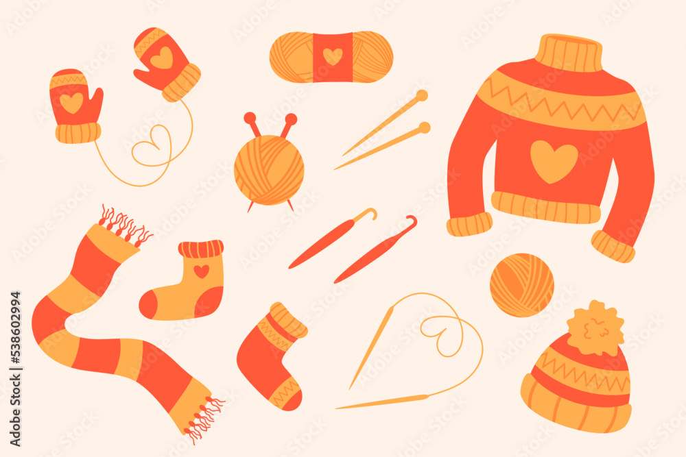 Winter handmade knit clothes, knitting tools. Warm wool jumper, scarf, socks, mittens and hat. Crochet, needle and yarn. Vector illustration