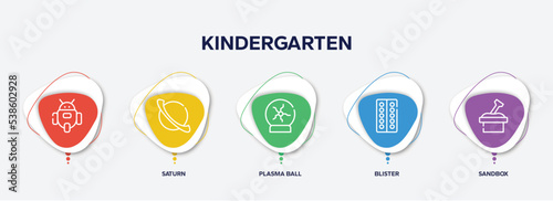 infographic element template with kindergarten outline icons such as , saturn, plasma ball, blister, sandbox vector.