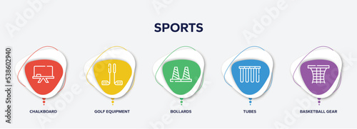infographic element template with sports outline icons such as chalkboard, golf equipment, bollards, tubes, basketball gear vector.