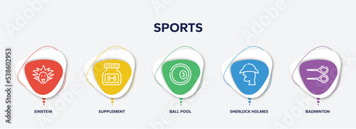 infographic element template with sports outline icons such as einstein, supplement, ball pool, sherlock holmes, badminton vector.