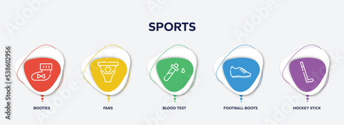 infographic element template with sports outline icons such as booties, fans, blood test, football boots, hockey stick vector.