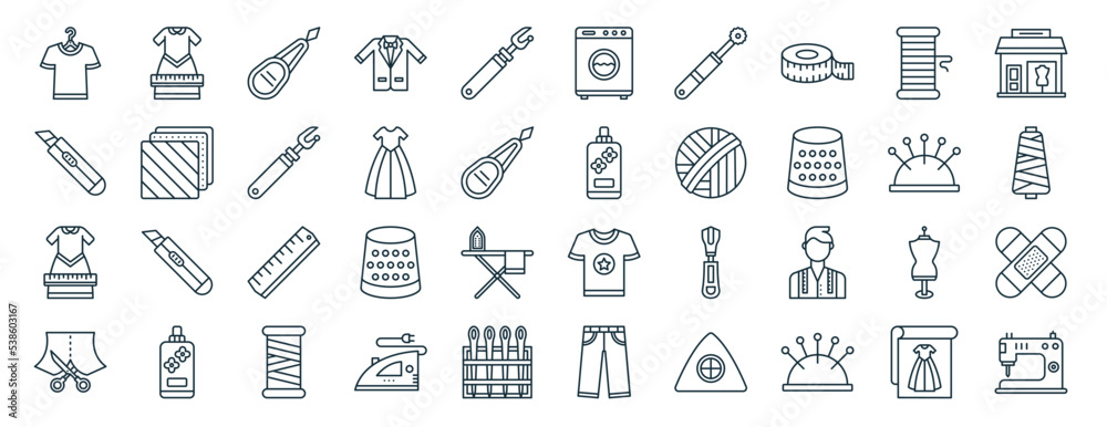 set of 40 outline web sewing icons such as fashion de, cutter, fashion de,  cutting, pin cushion, boutique, washing hine icons for report,  presentation, diagram, web design, mobile app Stock Vector