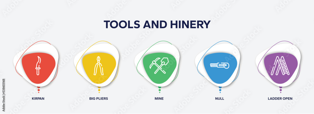 Fototapeta premium infographic element template with tools and hinery outline icons such as kirpan, big pliers, mine, null, ladder open vector.