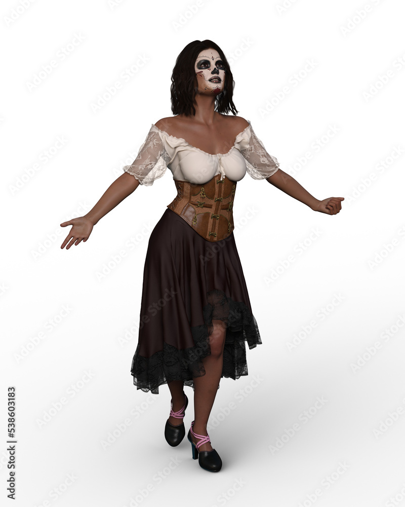 3D rendering of a beautiful Hispanic woman with La Catrina makeup for the Day of the Dead holiday isolated on a transparent background. 3D rendering of a beautiful Hispanic woman with La Catrina makeup for the Day of the Dead holiday isolated on a transparent background.