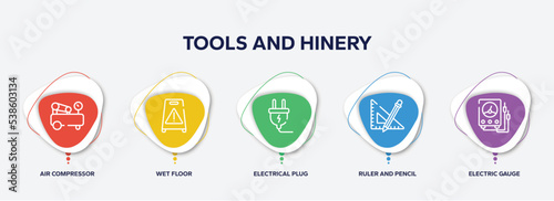 infographic element template with tools and hinery outline icons such as air compressor, wet floor, electrical plug, ruler and pencil, electric gauge vector.