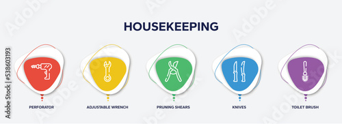 infographic element template with housekeeping outline icons such as perforator, adjustable wrench, pruning shears, knives, toilet brush vector.
