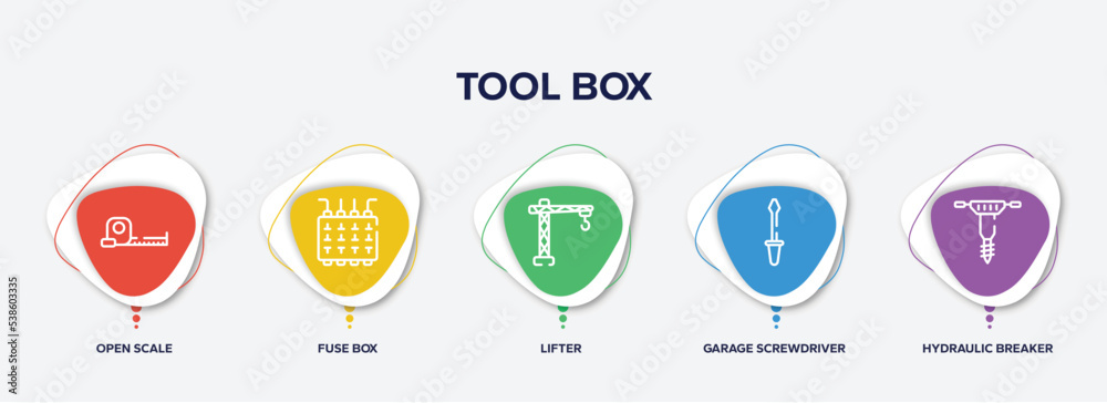infographic element template with tool box outline icons such as open scale, fuse box, lifter, garage screwdriver, hydraulic breaker vector. infographic element template with tool box outline icons such as open scale, fuse box, lifter, garage screwdriver, hydraulic breaker vector.