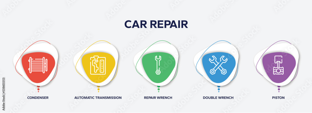 Fototapeta premium infographic element template with car repair outline icons such as condenser, automatic transmission, repair wrench, double wrench, piston vector.