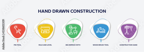 infographic element template with hand drawn construction outline icons such as pin tool, rule and level, big derrick with boxes, wood brush tool, construction hand drawn sketch vector.