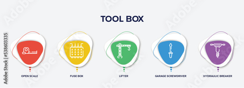 infographic element template with tool box outline icons such as open scale, fuse box, lifter, garage screwdriver, hydraulic breaker vector.