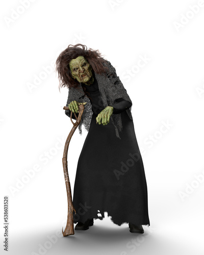 Foto Old hag Halloween witch in torn black dress leaning on a wooden walking stick