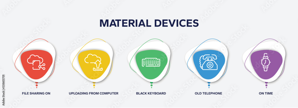 infographic element template with material devices outline icons such as file sharing on internet, uploading from computer, black keyboard, old telephone, on time vector. infographic element template with material devices outline icons such as file sharing on internet, uploading from computer, black keyboard, old telephone, on time vector.
