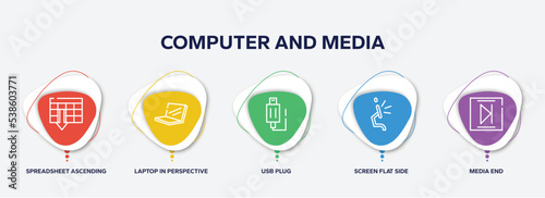 infographic element template with computer and media outline icons such as spreadsheet ascending order, laptop in perspective, usb plug, screen flat side view, media end vector.